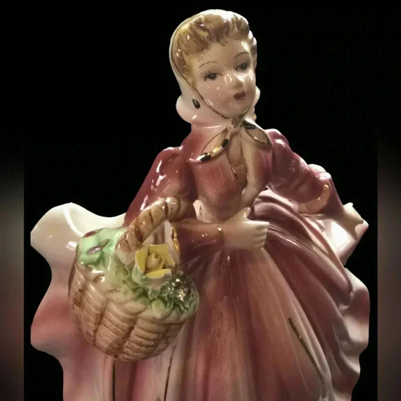 Vintage Lefton Lady in Flowing Pink Dress with Basket of Flowers Planter or Vase - Picture 9 of 11